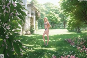 A woman in a bikini standing in a lush green field.